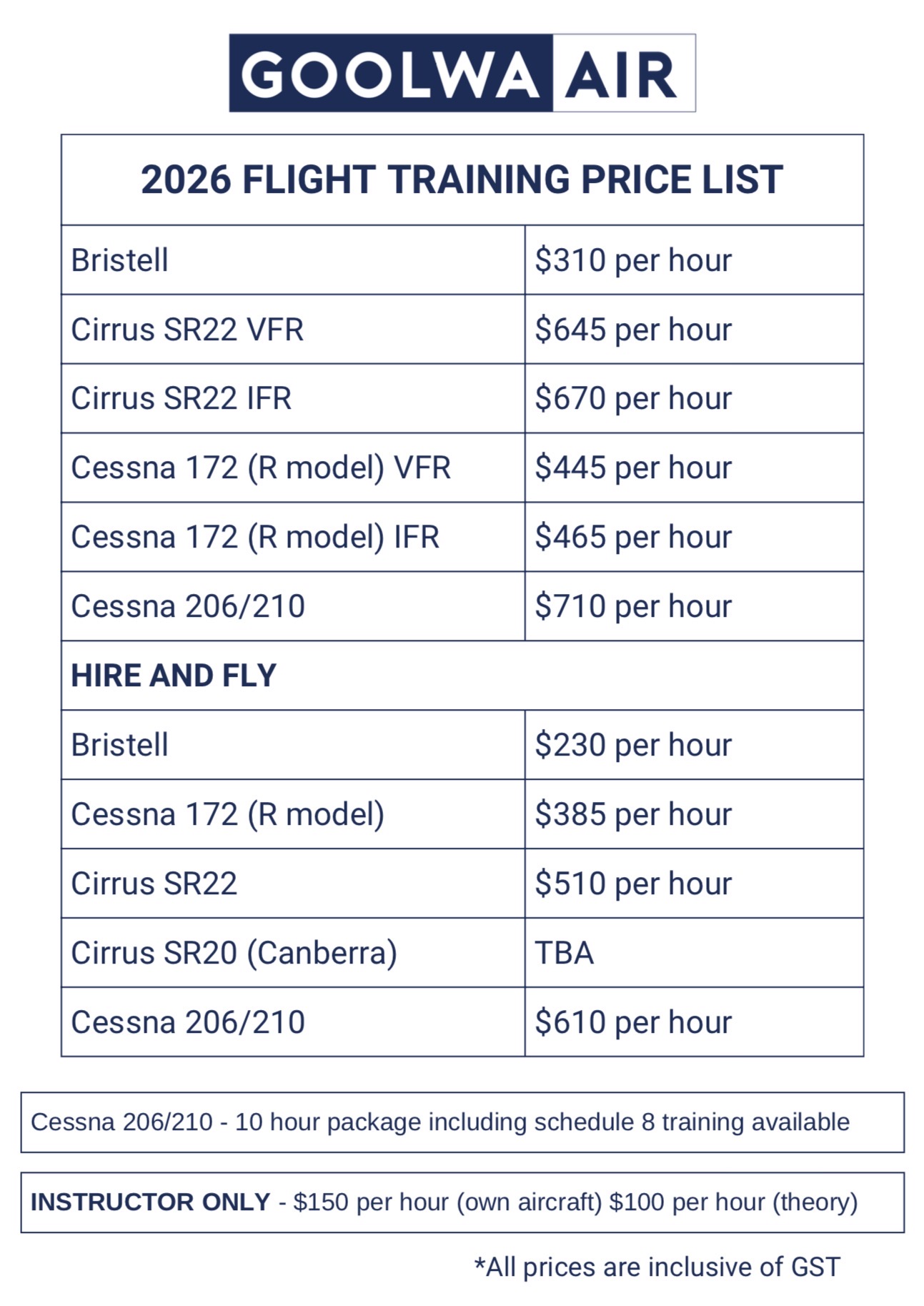 2026 Goolwa Air Price List